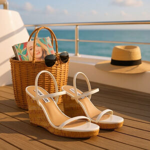 Steve Madden Leather Slingback Strap Cork Wedge Heel Sandals 11 M White